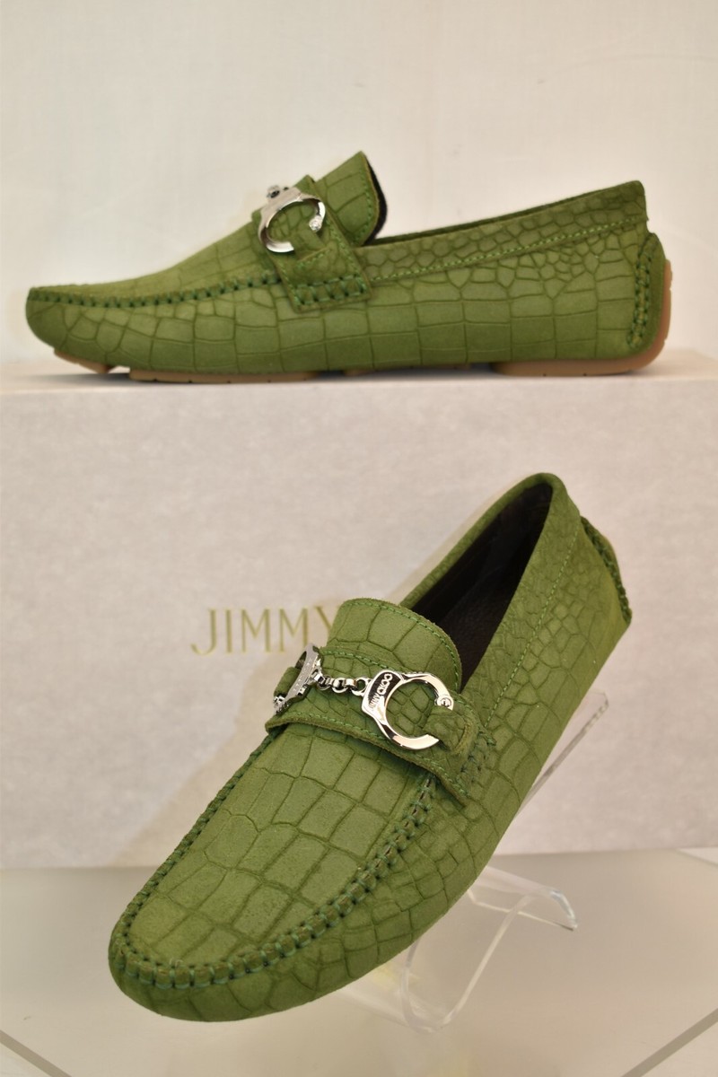 Jimmy Choo Olive Green Loafers chain flat moccasins derby slides sandals slip on JIMMY CHOO BROGAN LIGHT GREEN CROC PRINT SUEDE HANDCUFF  main image 2