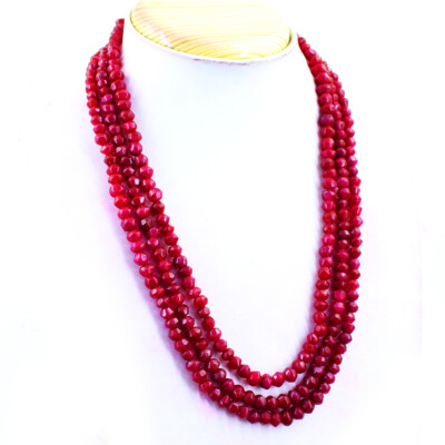 390.00 Cts Earth Mined Faceted Ruby Round Shape Beads 3 Line Necklace NK 11E37