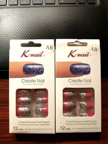 K NAIL 24 Piece Press on Nails ~ Round Tips ~ Pink & Gray ~Silver Floral Design