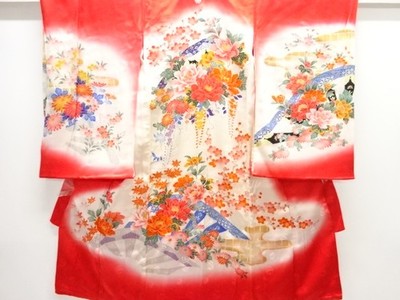 7781074: JAPANESE KIMONO / ANTIQUE KIMONO / SILK / CART & PEONY & UME
