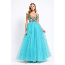 Sheri Hill Aqua Gown Womens Size 4 Beaded Long Prom Dress Pageant Tulle Evening
