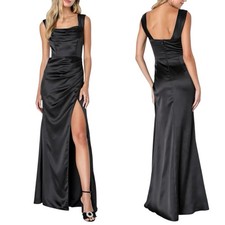 NWT Lulus Stunning Arrival Black Satin Off-Shoulder Maxi Gown Dress Size S