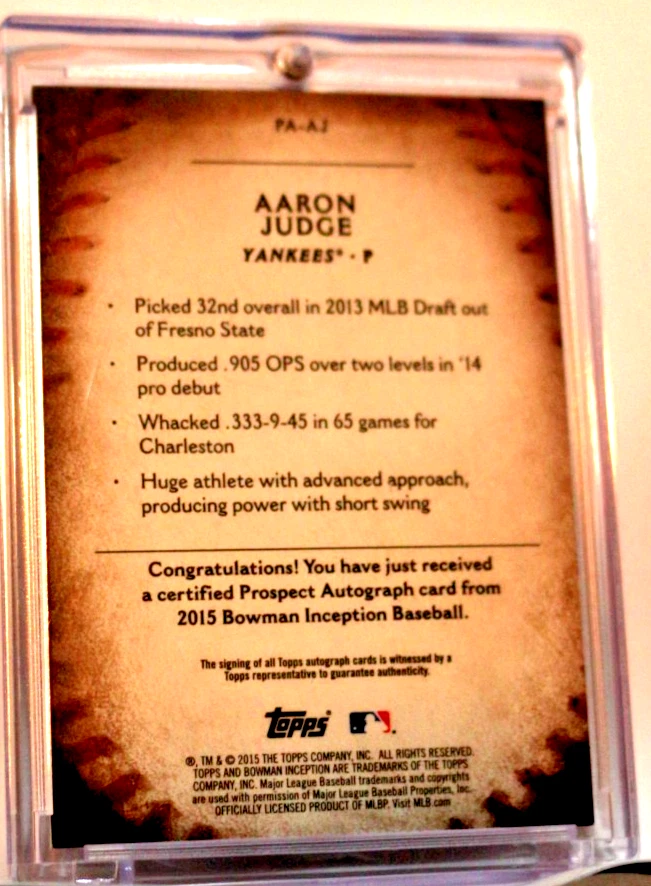 2015 BOWMAN INCEPTION AARON JUDGE RC AUTOGRAPH YANKEES-Mint or Better - Image 2 of 4