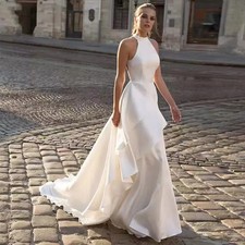 A Line Boho Wedding Dress Opne Back Ruffles Satin Simple Women Bridal Gowns