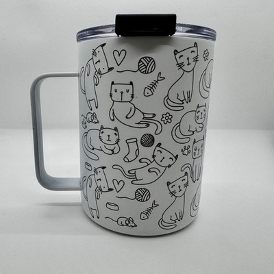 Cute Cat Insulated Travel Mug w Lid White Black Kawaii Kitty 14 fl oz.