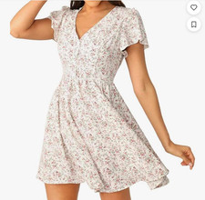 Shein White pink floral mini dress v-neck flutter sleeves size XS VGUC