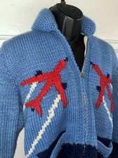 Vtg 1960s Cowichan Heavy Wool Blue AIRPLANE Cowl Neck Sweater Talon Zip Sz S/M