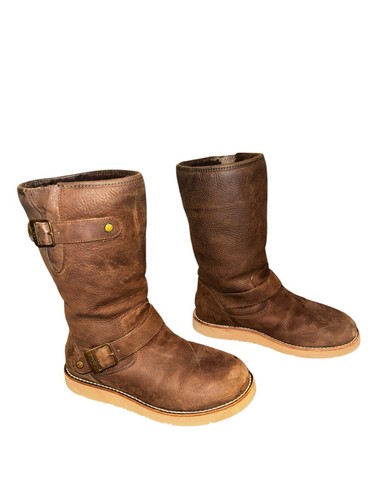 UGG Kensington Women's Boots Moto Biker Brown Leather Sheep Skin Lined Women’s 7 - Picture 3 of 6