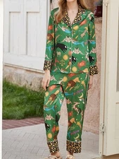 Women's Satin Zodiac Print Pajama Set With Button Up Top And Relaxed Fit Pants