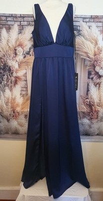 Mascara London Navy Blue Satin Evening Maxi Dress UK 20 Elegant Deep V Neck Gown