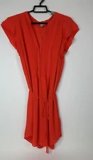 H&M Dress Top Women’s 12 Pleated Belted Tunic Buttons V Neck Orange