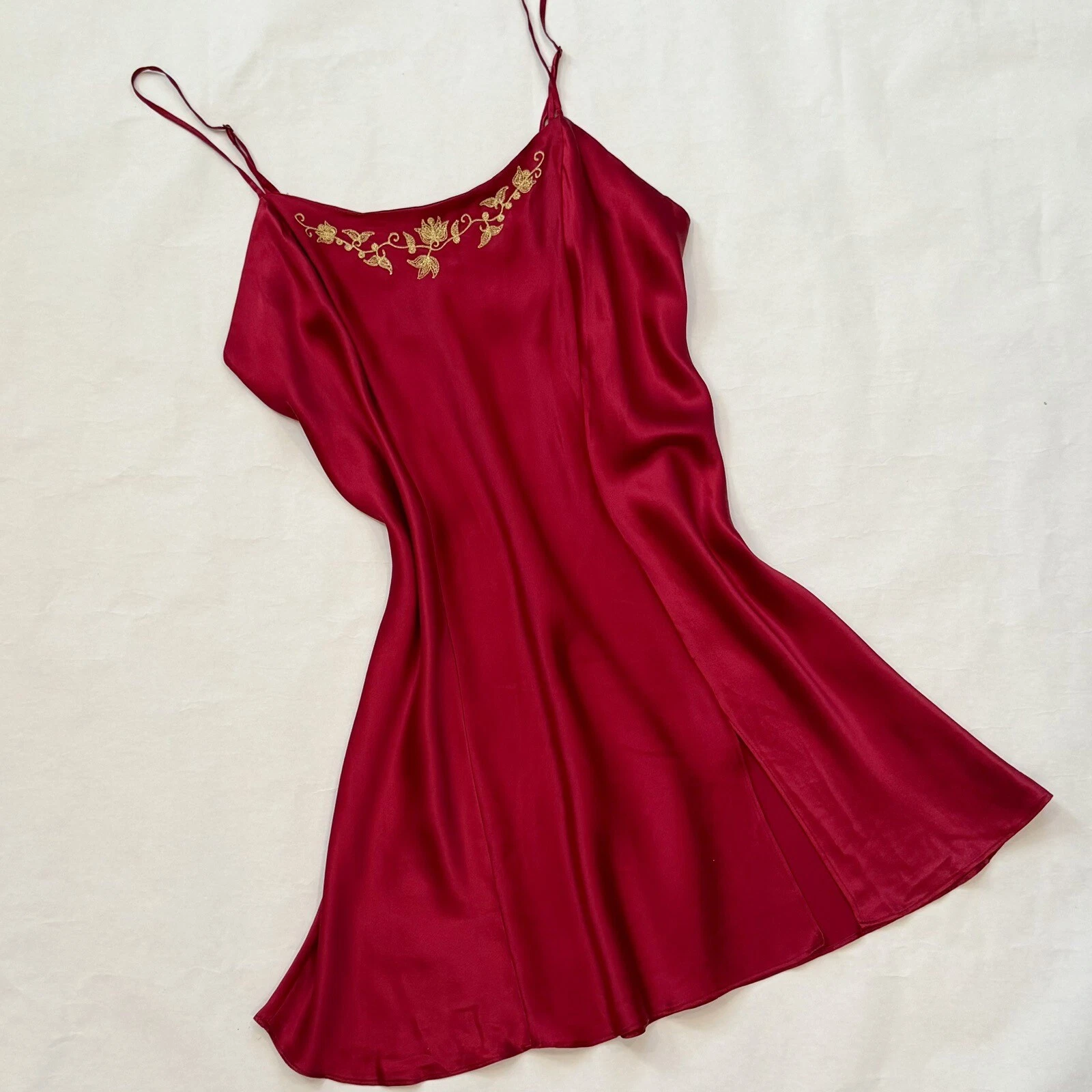 UNDERCOVER Abito slip vintage anni 90 Victoria’s Secret seta rosso intenso oro ricamo dorato L
