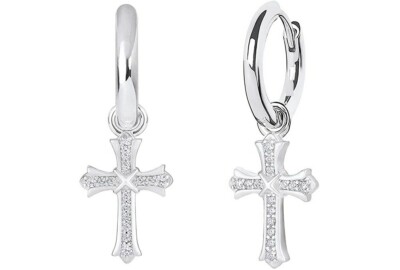 Men & Women 18K White Gold Plated CZ Cross Leverback Huggie Hoop Drop Earrings