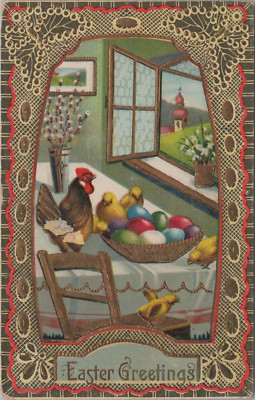 Easter Chicken Chick Colored Eggs On Table Open Window 1913 postcard DQ6