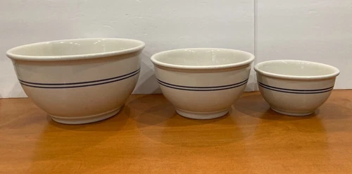Gibson Heavy Nesting Mixing Bowls - Set of 3 - Cream with Blue Stripes - Stone