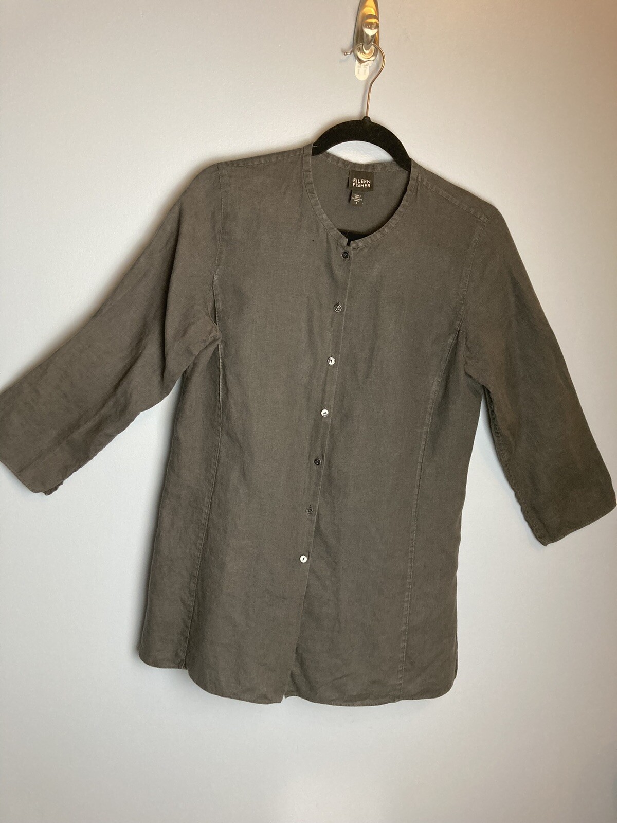 EILEEN FISHER Charcoal 100 Irish Linen Button Down T… Gem