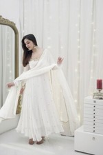 Aesthetic Look White Faux Georgette Gown Bottom With Dupatta For Women Wear
