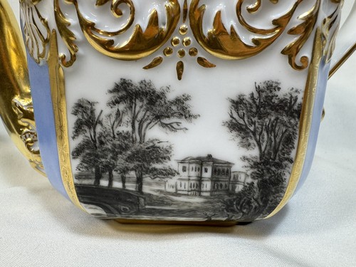 19thc. Old Paris Porcelain Style Blue & Gold 8-Pc TEA SET for TWO w/Landscape - Picture 9 of 18