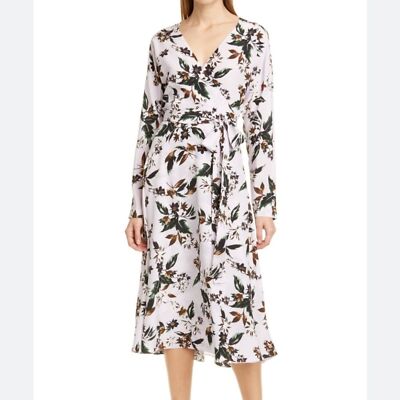 Diane von Furstenberg Elle Floral Silk Long-Sleeve Wrap Midi Dress size  medium