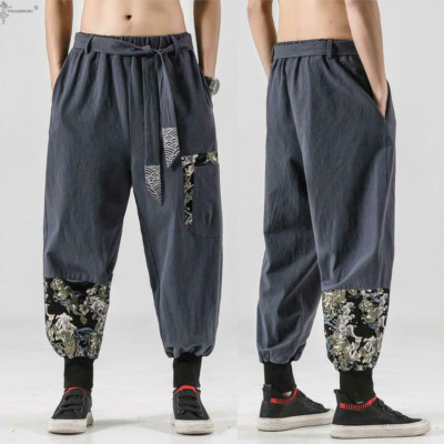 Japanese Kimono Men Retro Harem Pants Cotton Samurai Costume Belt