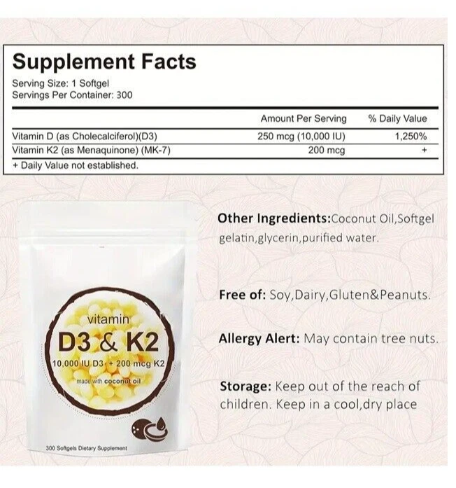 Vitamina D3 10.000 UI Vitamina K2 200 mcg MK-7 Meenaquinanona 200 mcg Aceite de coco Foto 2 de 2