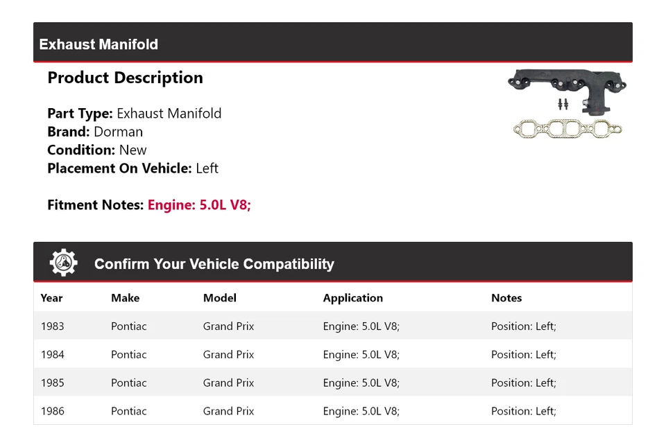 Colector de escape izquierdo para Pontiac Grand Prix 1983-1986 5,0 L V8 Dorman 1984 1985 Foto 2 de 4