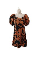 Nine West Womens Rust Black Abstract Floral Puff Sleeve Babydoll Mini Dress XS