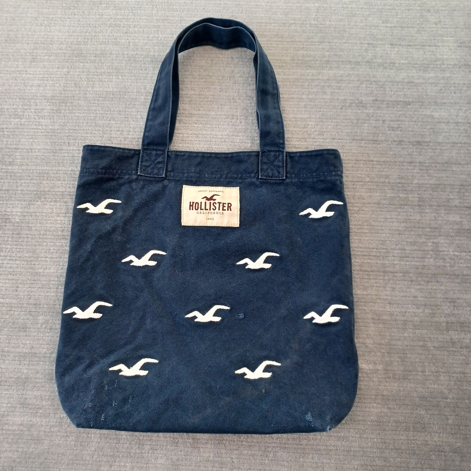 Hollister Canvas Tote Bag Blue 15x15 Embroidered Logo AOP Faded