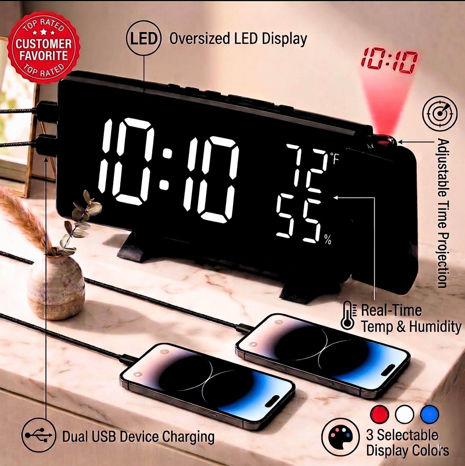 Projection Alarm Clock FM Radio Dual USB Curved LED Temperature Humidity Bedroom