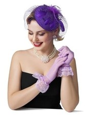 Fascinators Pillbox Hats for Women, Tea Party Hat and Short Lace Gloves Purple