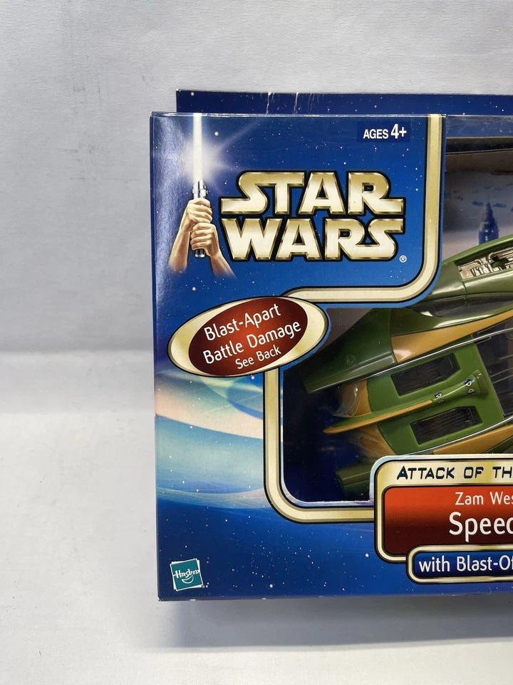 STAR WARS ATTACK OF THE CLONES ZAM WESELL SPEEDER COM PAINÉIS DE EXPLOSÃO NOVO NA CAIXA 2002 - Imagem 2 de 4