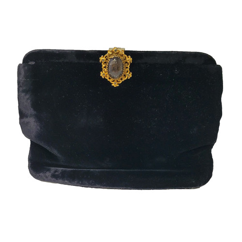 Mel-Ton Clutch Purse - Black Velvet Rhinestone Clasp - Women's Vintage