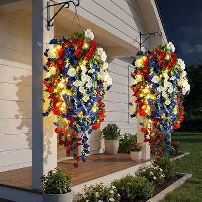 2026 Red White Blue Hanging Flowers Patriotic Faux Basket 4th July Porch Decor
