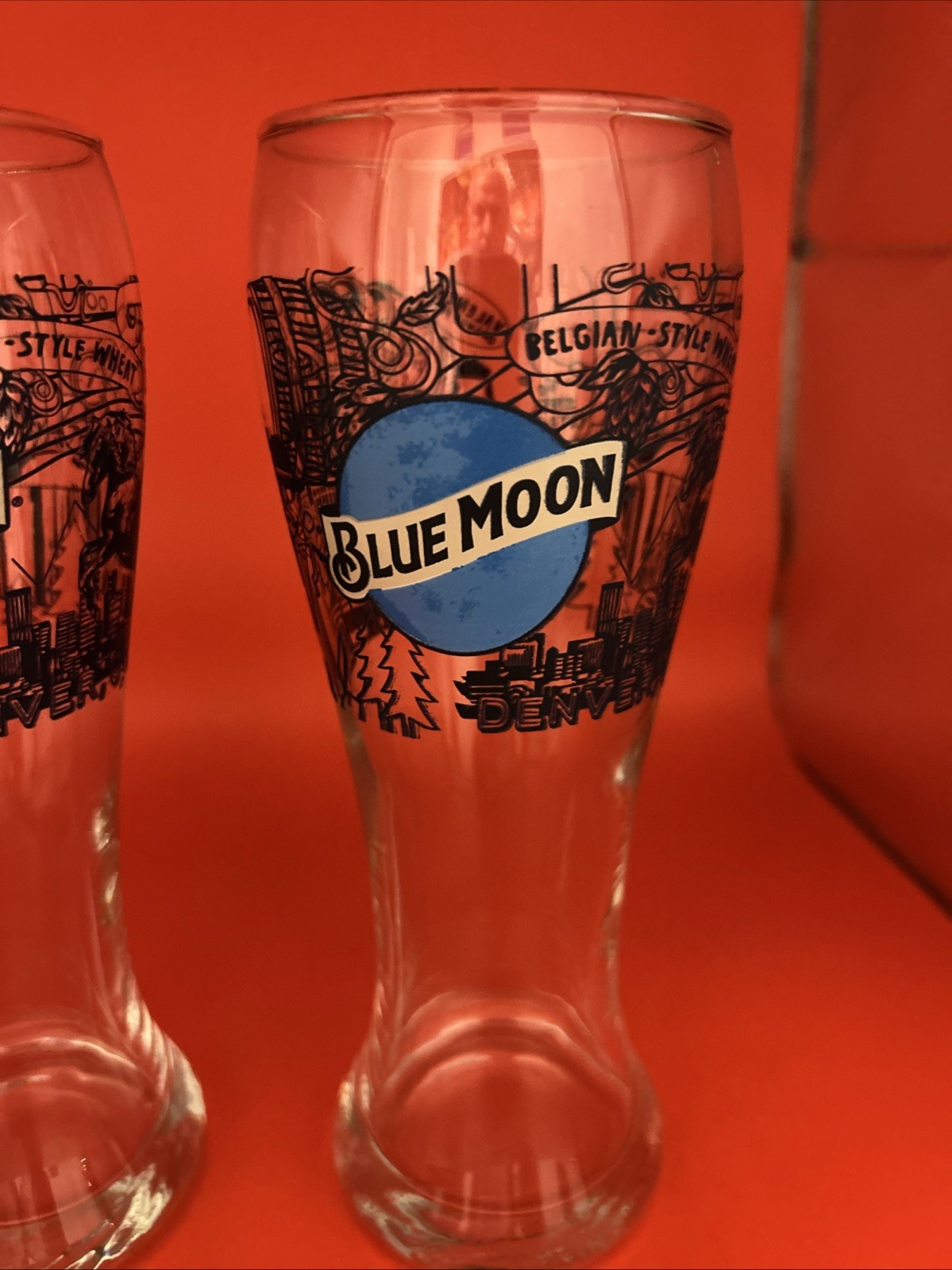 BLUE MOON Belgian Style Wheat Set Of 2 Limited Edition Etched Beer Glasses Glass