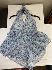 Adore Me Merilyn Sheer Romper L Blue Romantic Ditsy Plunge Halter Lingerie NWT
