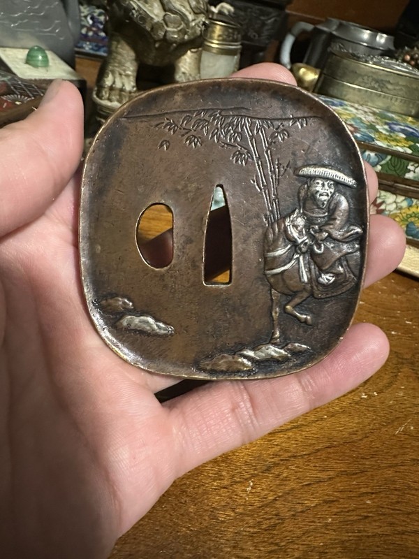 Antique Japanese Sword Guard Man Riding Horse In Bamboo forest Sign