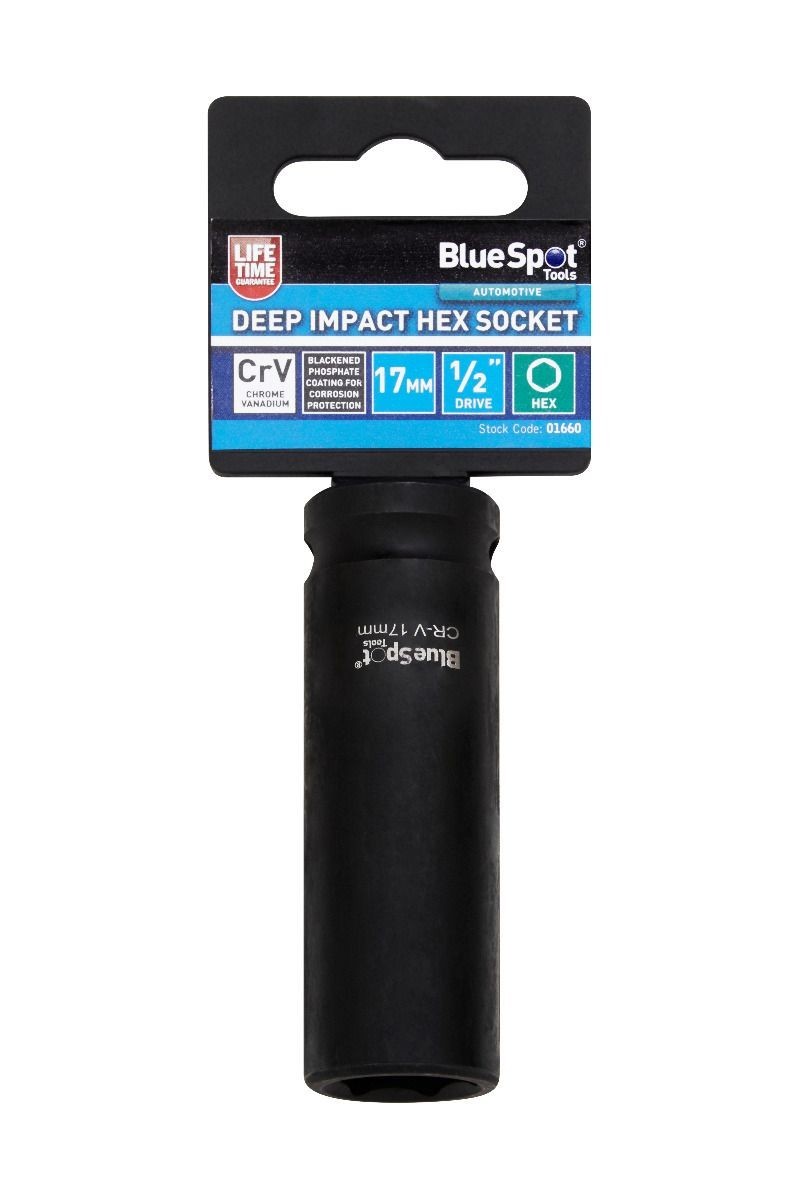 Blue Spot 1/2"" Drive 17mm Deep Impact Socket 6 Point Hex CRV Steel Heavy Duty