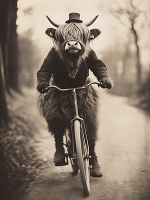 Highland Cow on a Bicycle Ready for a Vintage Photo Shooting A1-A4 Poster Kunst Malerei