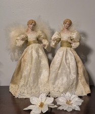 2 Free Standing Porcelain Victorian Angels w/ Feather Wings Home Decor Holiday 
