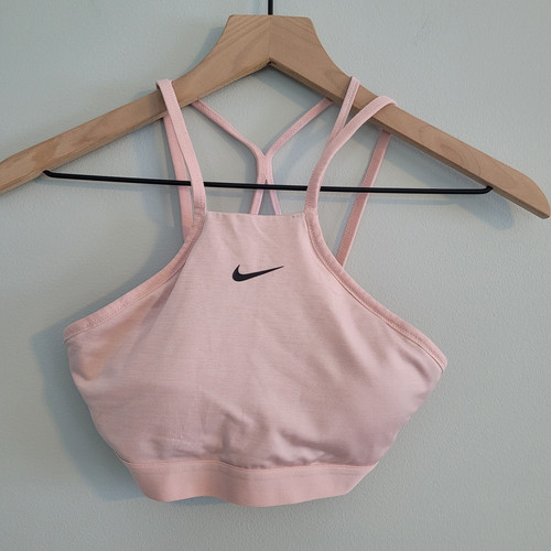 Nike Womens Sports Bra Size S Pink Strappy Back Logo Outdoors Running Athletic