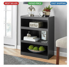 Framed 3-Shelf Bookcase Adjustable Shelves True Black Oak Storage