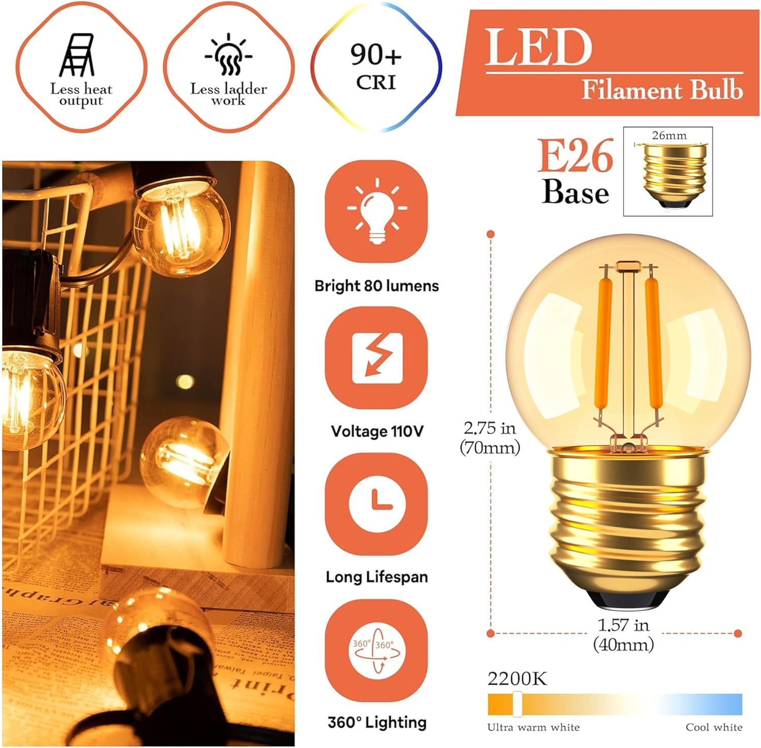 G40 Low Watt Light Bulb Edison LED Bulb Mini Globe Light Bulbs 1W Equivalent to