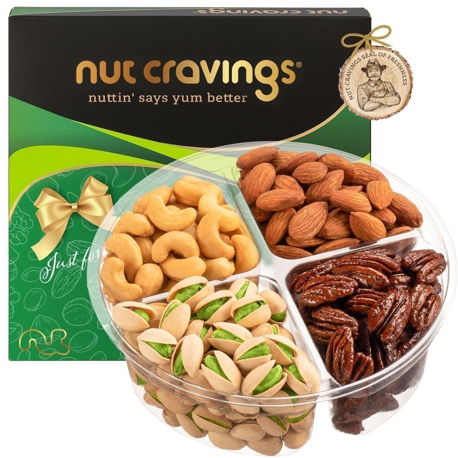 Caja de Regalo Gourmet Antojos de Nueces - Surtido de 4 Nueces Premium en Bandeja Verde, 12-16º