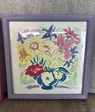 Sally Huss Original Hand Painted Print Floral Vase Still Life Purple Frame
