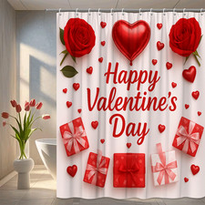 Valentine's Day Red Shower Curtain with Hearts and Gifts