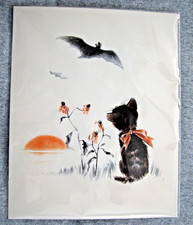 Wishful Black Tabby Kitten Cat and Bat Art Print AN-CAT 8" X 10" Cardboard  NEW