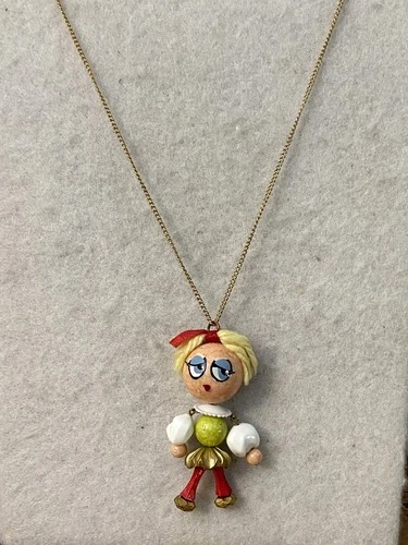 Vintage 70s Handmade Articulated Doll Necklace Pendant Whimsical Costume Jewelry