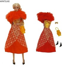 Red Fur Fashion Outfits For 11.5" Doll Clothes Set Dress Gown Shoes Handbag 1/6
