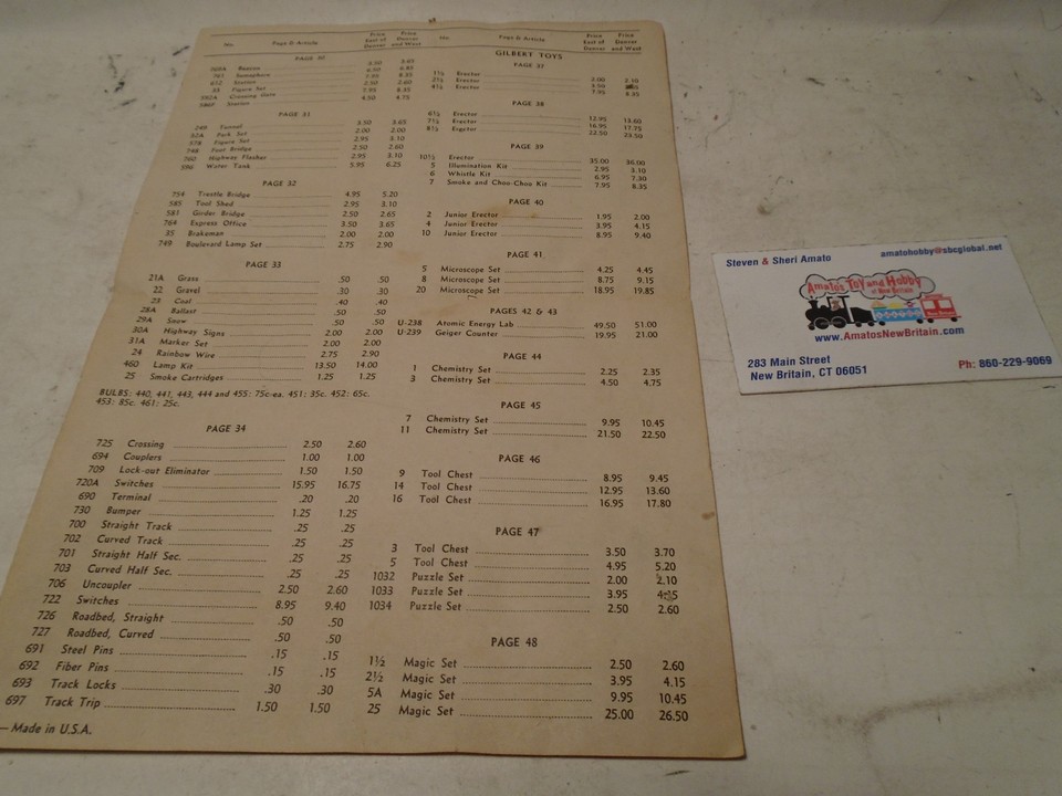 ORIGINAL AMERICAN FLYER & GILBERT TOY PRICE LIST 1951 | eBay