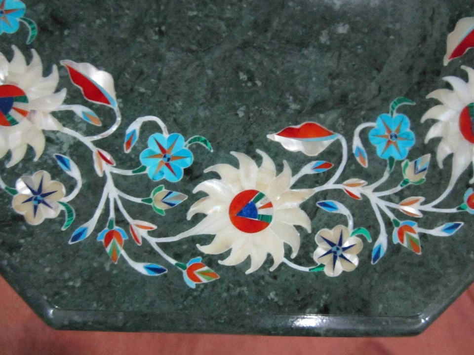 12" green marble Table Top Inlay Pietra Dura Art dining Coffee antique h35 - Image 2 of 4